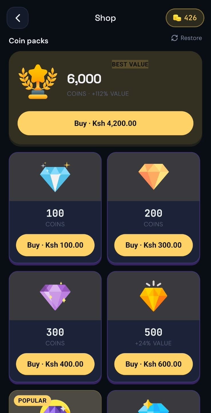 The Lexora coin shop screen, showing coin bundles and balance.