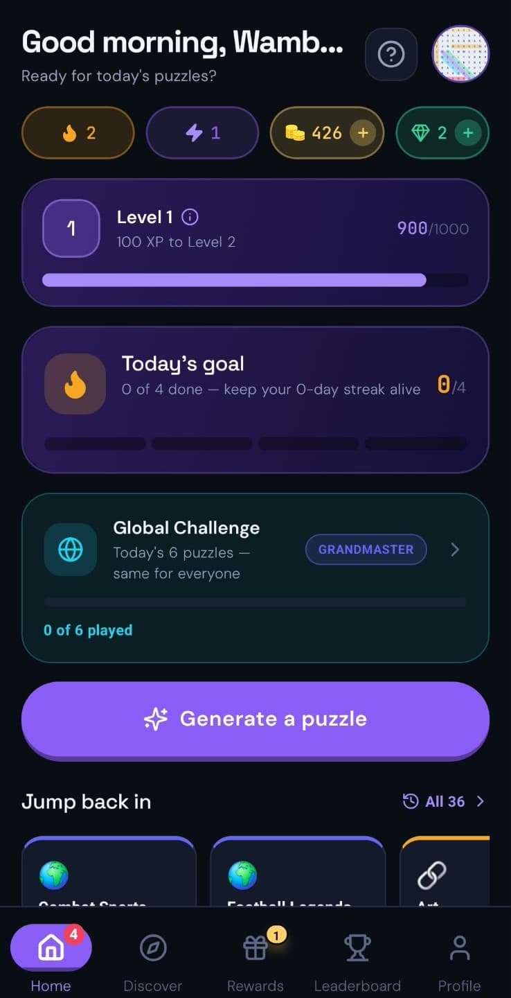 The Lexora home screen showing level progress, the daily goal, today's Global Challenge and the generate-a-puzzle button.